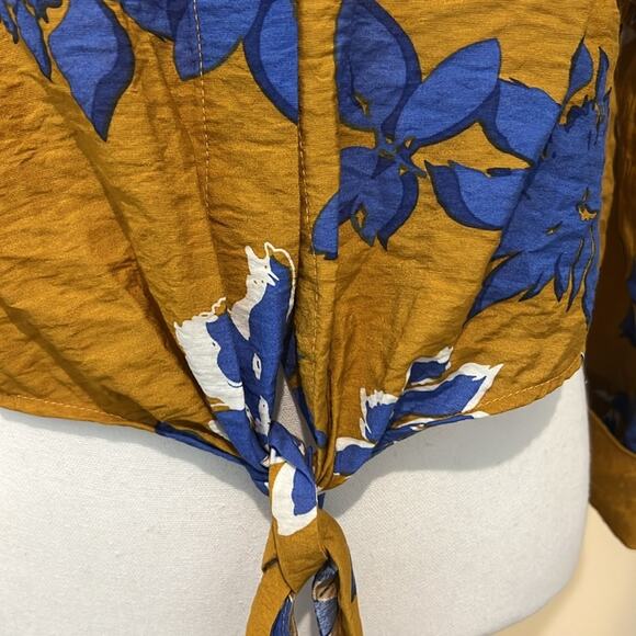 FRNCH Paris Womens Vacay Blouse Size M/L Medium Large mustard blue floral boho - Picture 4 of 16